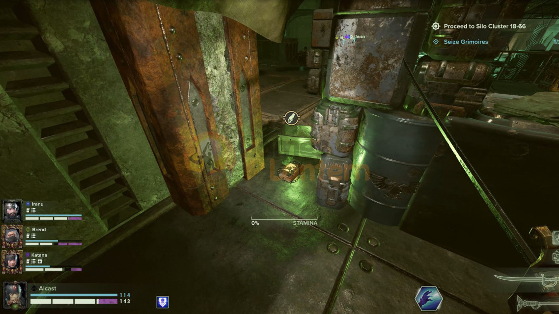 Grimoire next to crates and barrels