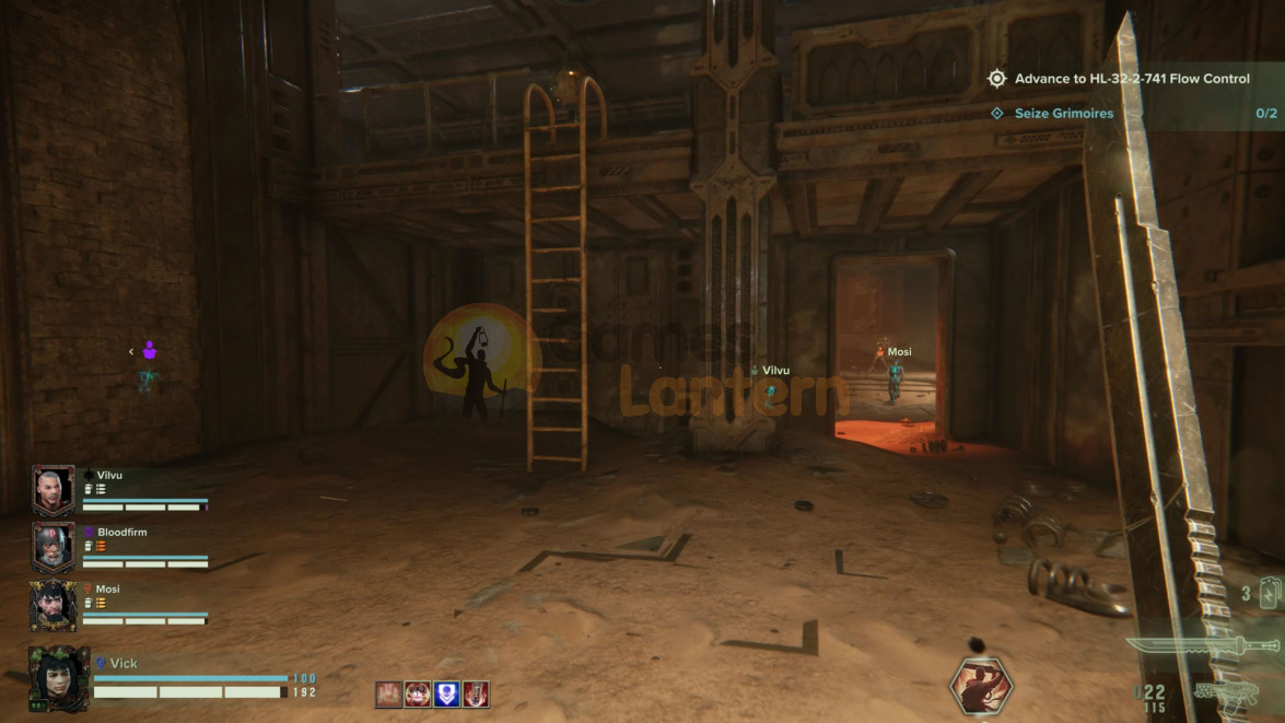 Go through the room with the quadbikes and into the next room, then up the ladder